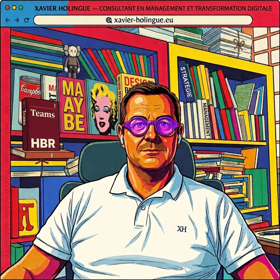 Portrait pop-art de Xavier Holingue devant sa bibliothèque colorée, dans une fenêtre de navigateur affichant xavier-holingue.eu